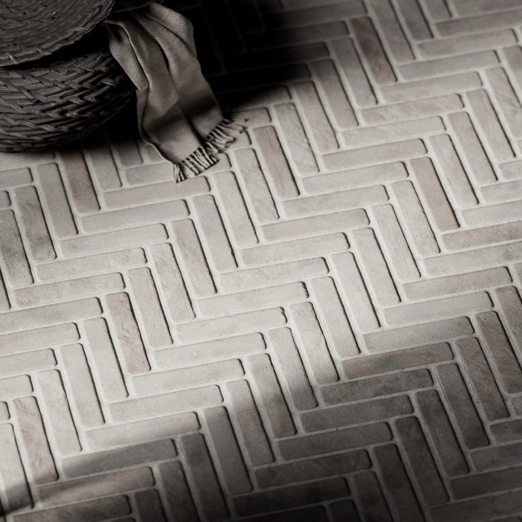 Contemporary Grey Terracotta Herringbone Tiles PBR Texture - Example Scene Visualization | Superellipse