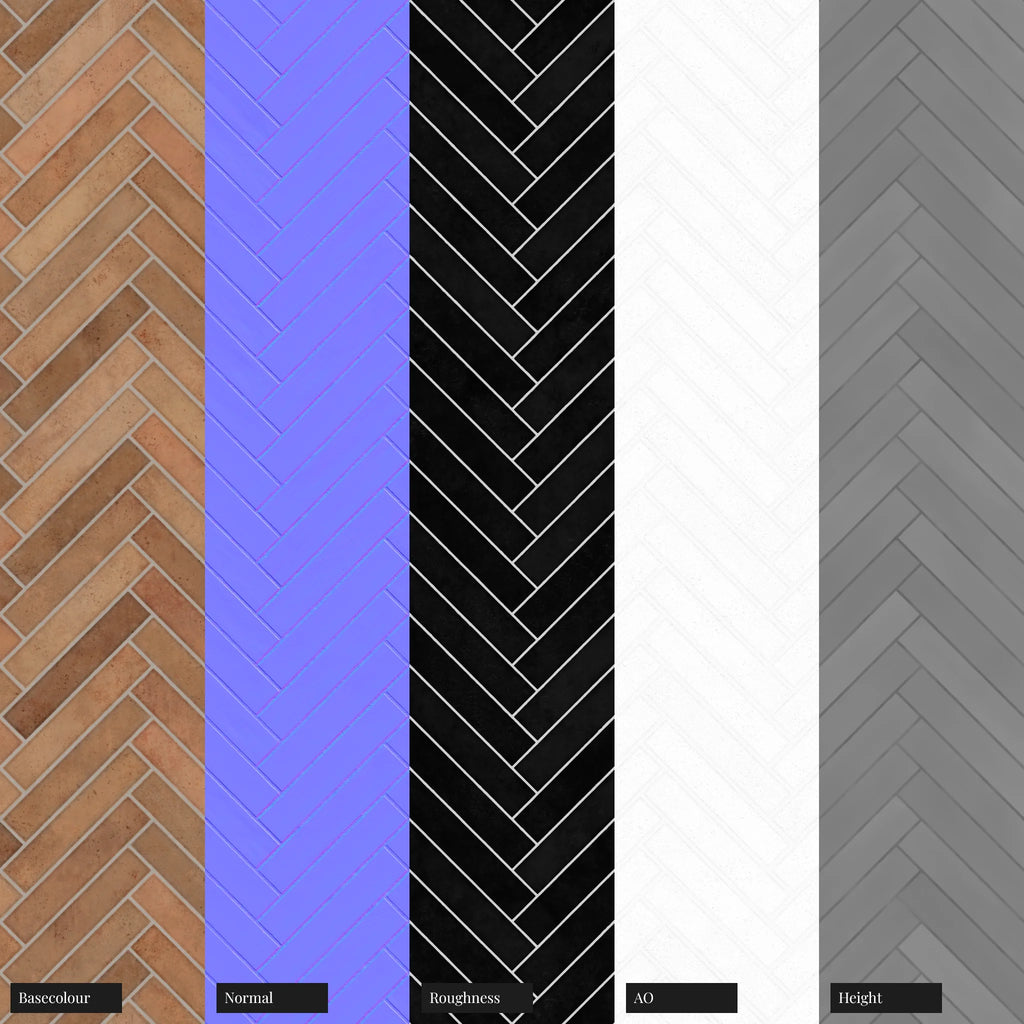 Hoxton Burnt Orange Herringbone Tile PBR Texture - Example Scene Visualization | Superellipse