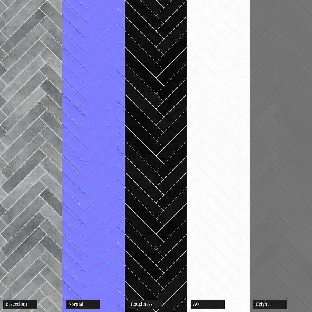 Hoxton Arctic Grey Herringbone Tile PBR Texture - Example Scene Visualization | Superellipse