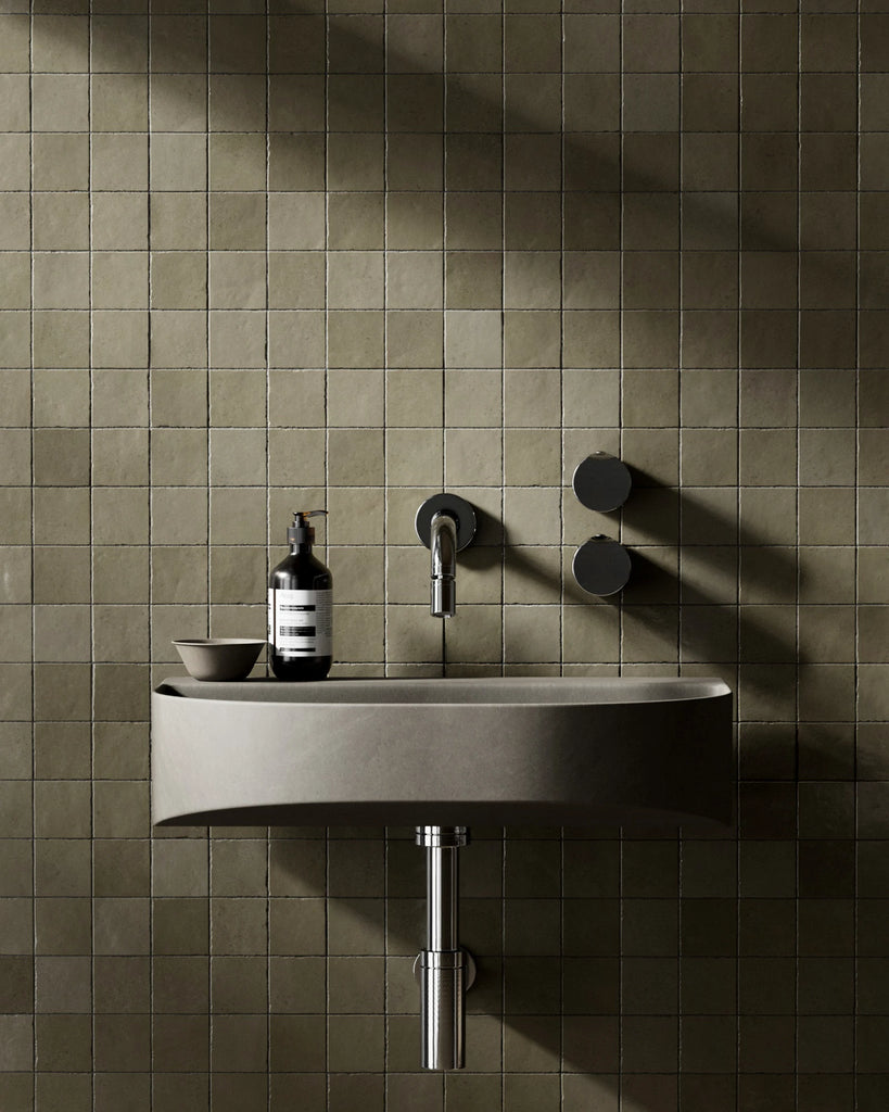 Zellige Deep Olive Square Tile PBR Texture - Example Scene Visualization | Superellipse