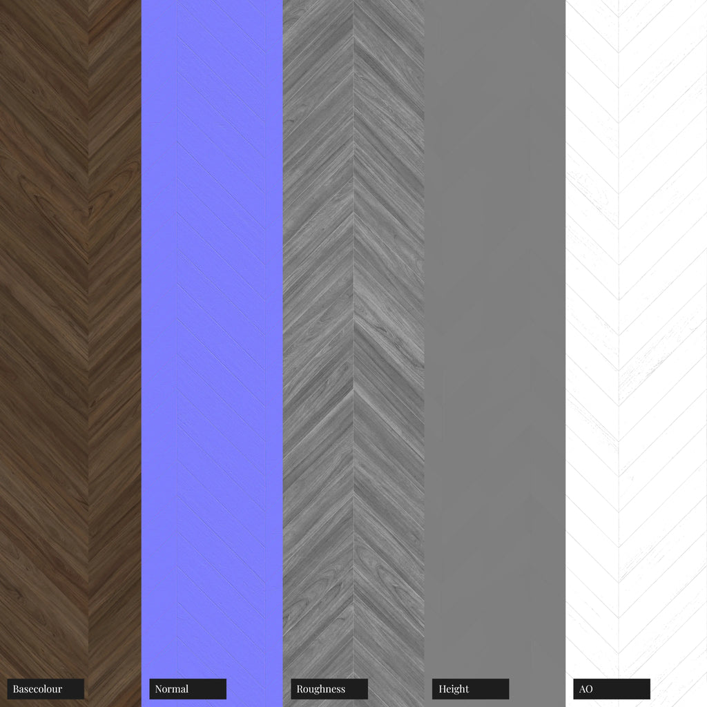 Smokey Walnut Chevron Parquet Wood Floor PBR Texture - Example Scene Visualization | Superellipse