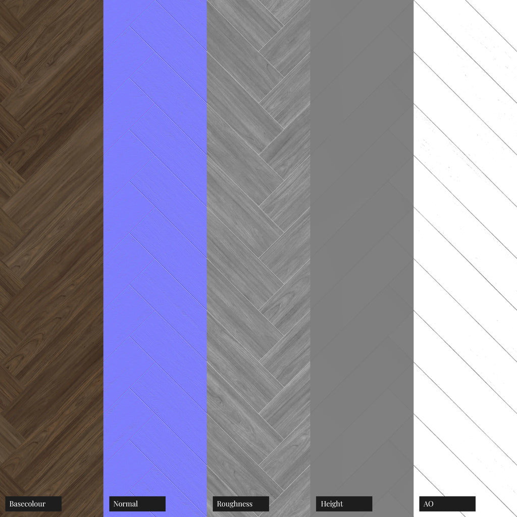 Smokey Walnut Herringbone Wood Floor PBR Texture - Example Scene Visualization | Superellipse