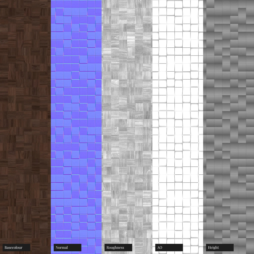 Bevelled Mosaic Walnut Oak Wood Panel PBR Texture - Example Scene Visualization | Superellipse