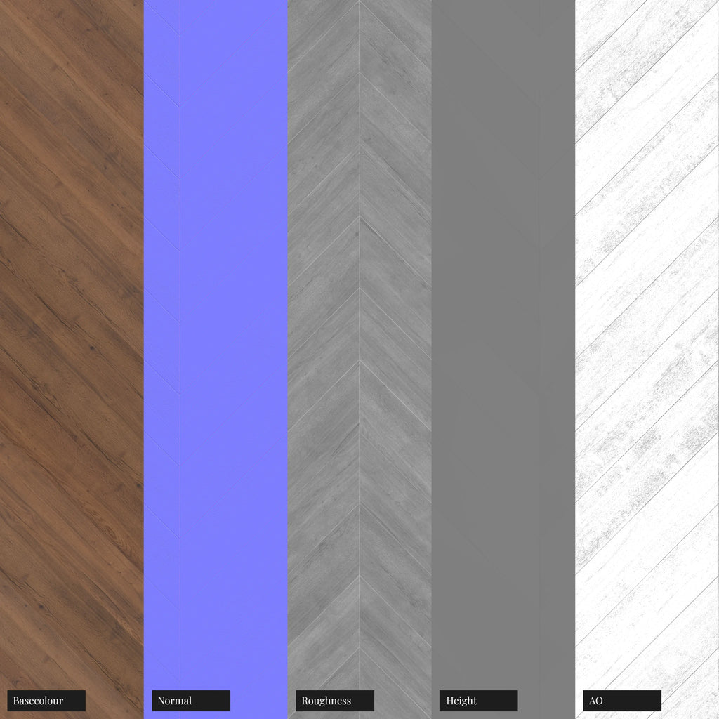 English Chestnut Oak Chevron Wood Floor PBR Texture - Example Scene Visualization | Superellipse