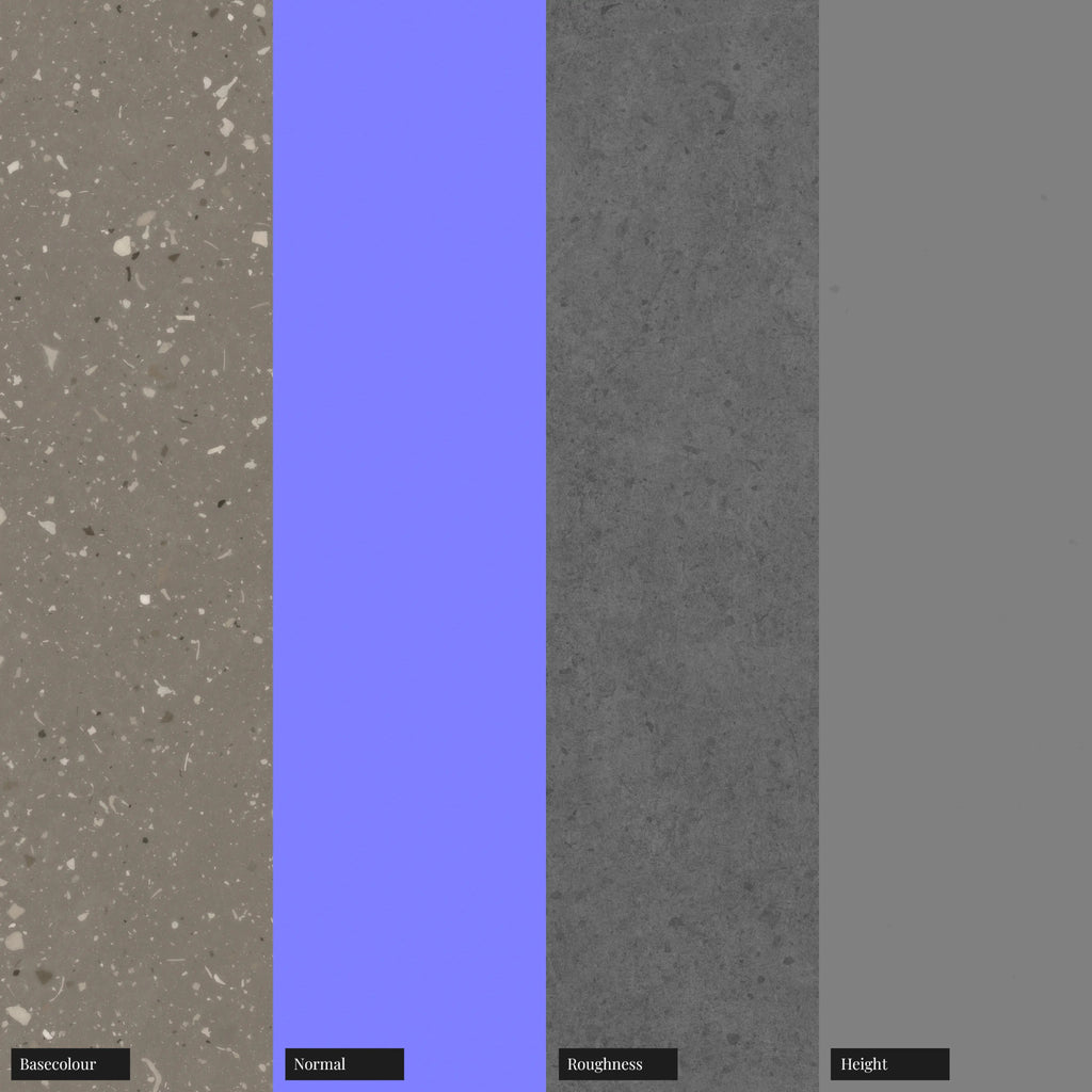 Mid Grey Ceramic Terrazzo Light Aggregates PBR Texture - Example Scene Visualization | Superellipse