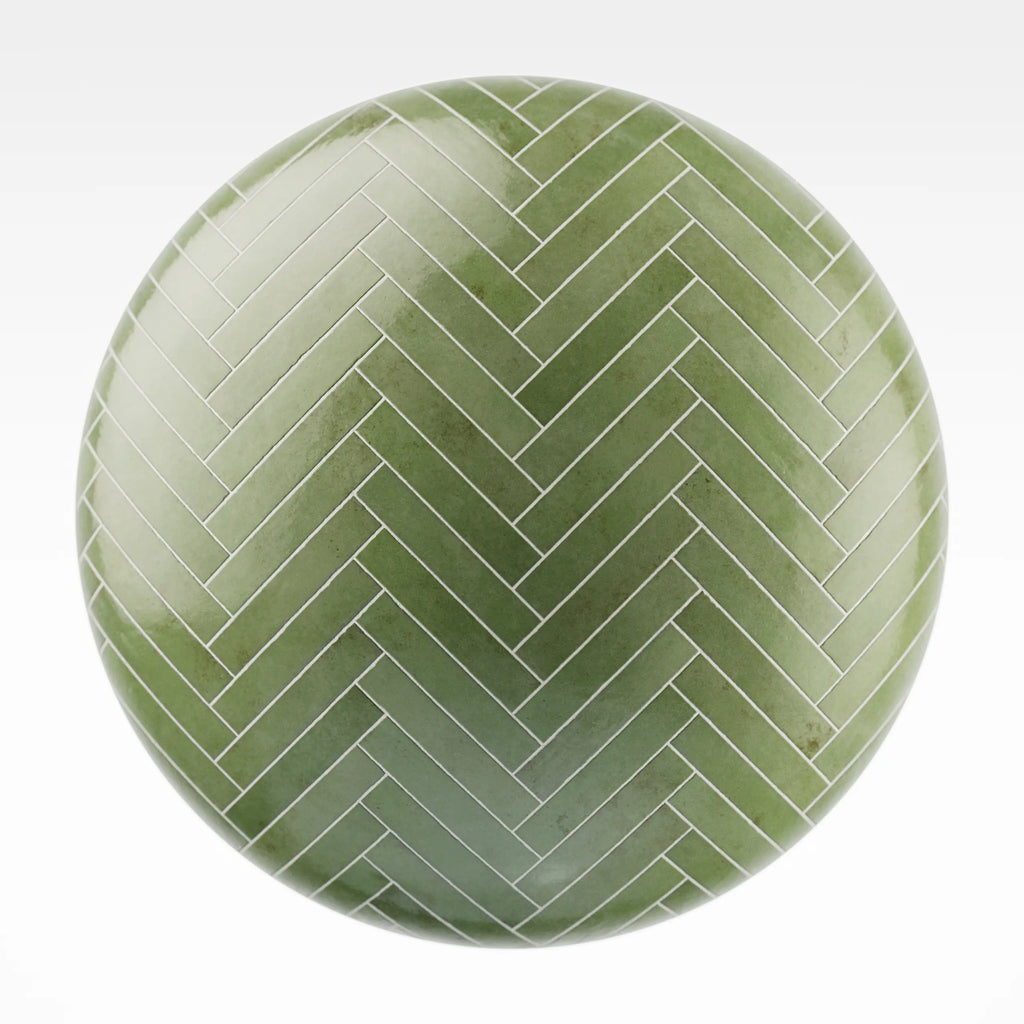 Zellige Jungle Green Herringbone Tile PBR Texture - Sphere Swatch Preview | Superellipse