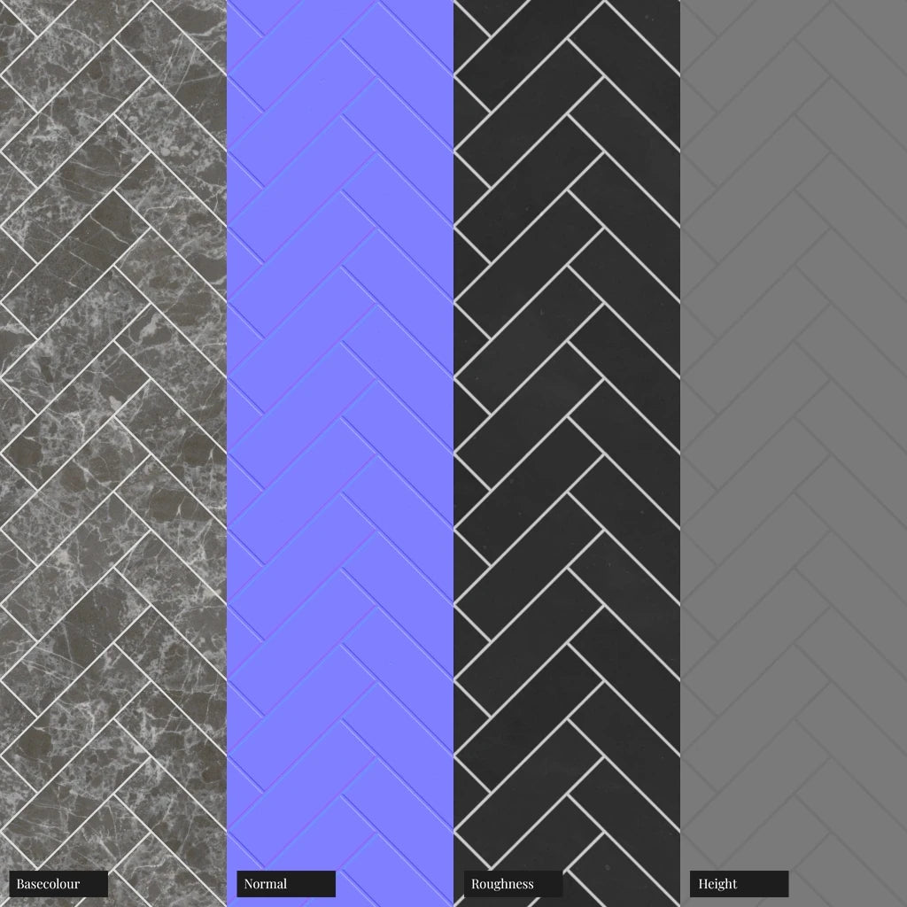 Ash Grey Herringbone Marble Tiles PBR Texture - Example Scene Visualization | Superellipse