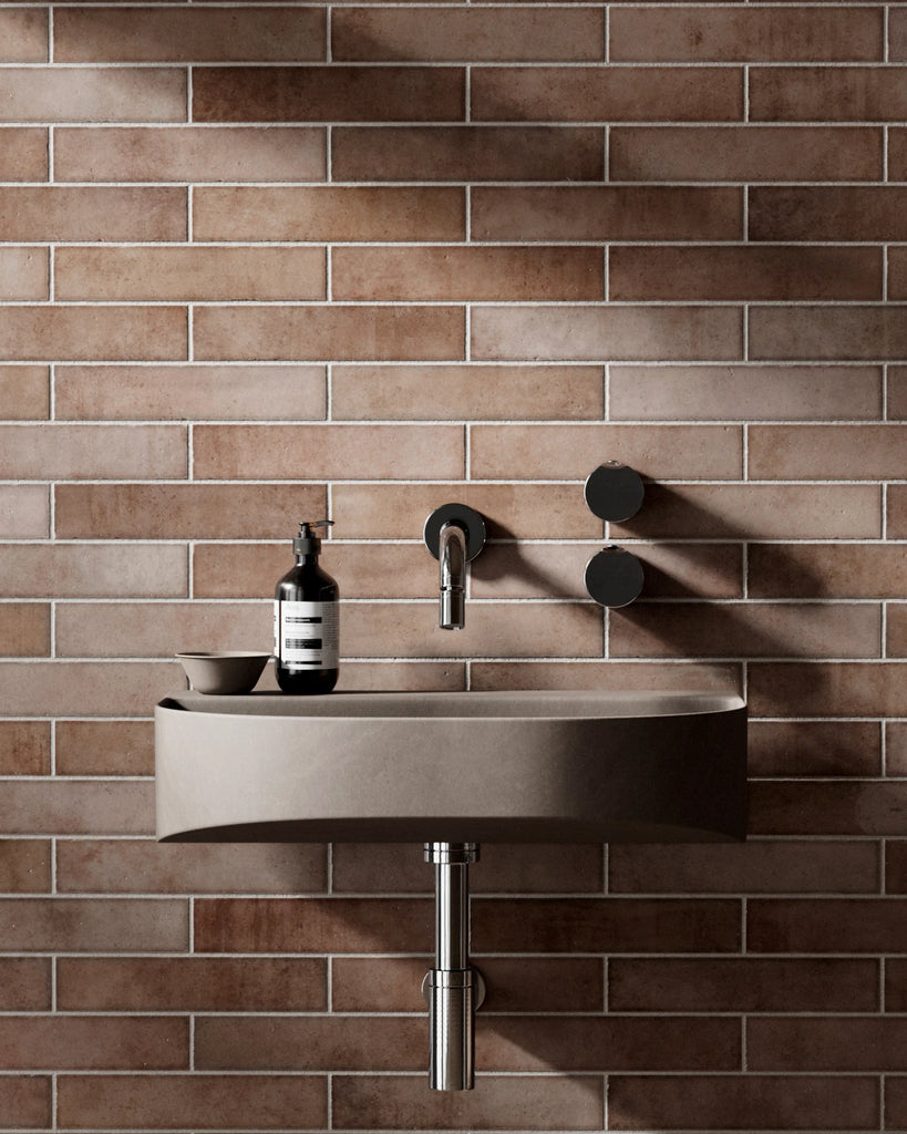 Hoxton Pink Salmon Brickbond Tile PBR Texture - Example Scene Visualization | Superellipse
