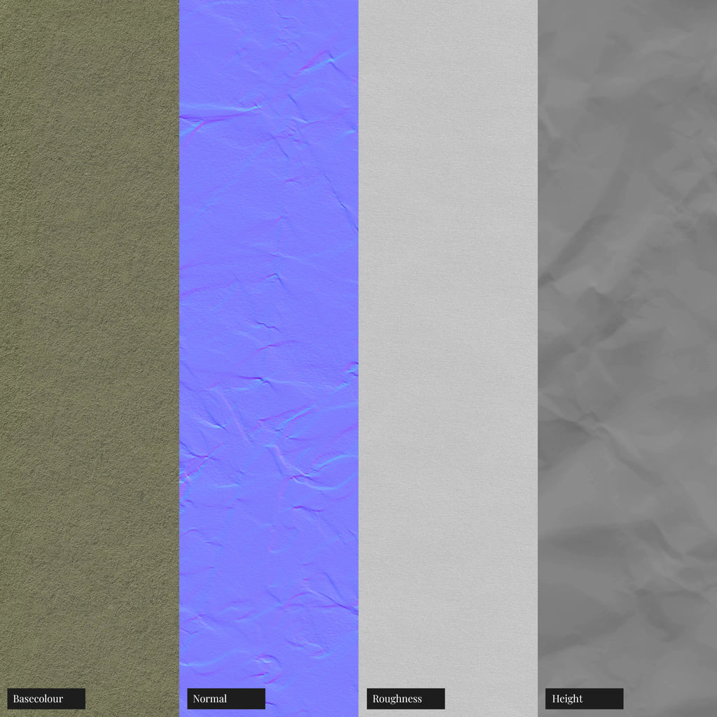 Flattened Crumpled Olive Green Paper PBR Texture - Example Scene Visualization | Superellipse