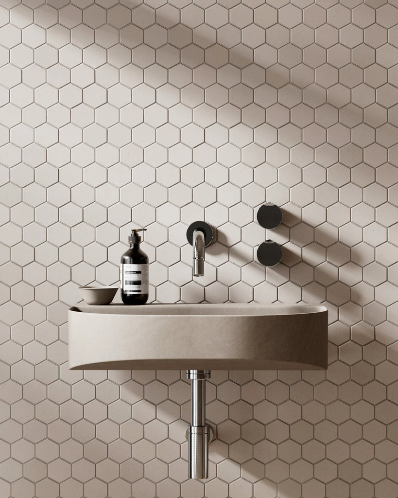 Hexagonal Matte Soft Beige Tile PBR Texture - Example Scene Visualization | Superellipse