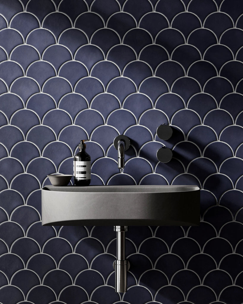 Navy Scallop Porcelain Ceramic Tile PBR Texture - Example Scene Visualization | Superellipse