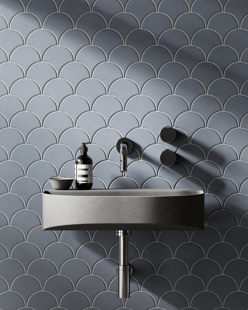 Indigo Matte Scallop Ceramic Tile PBR Texture - Example Scene Visualization | Superellipse