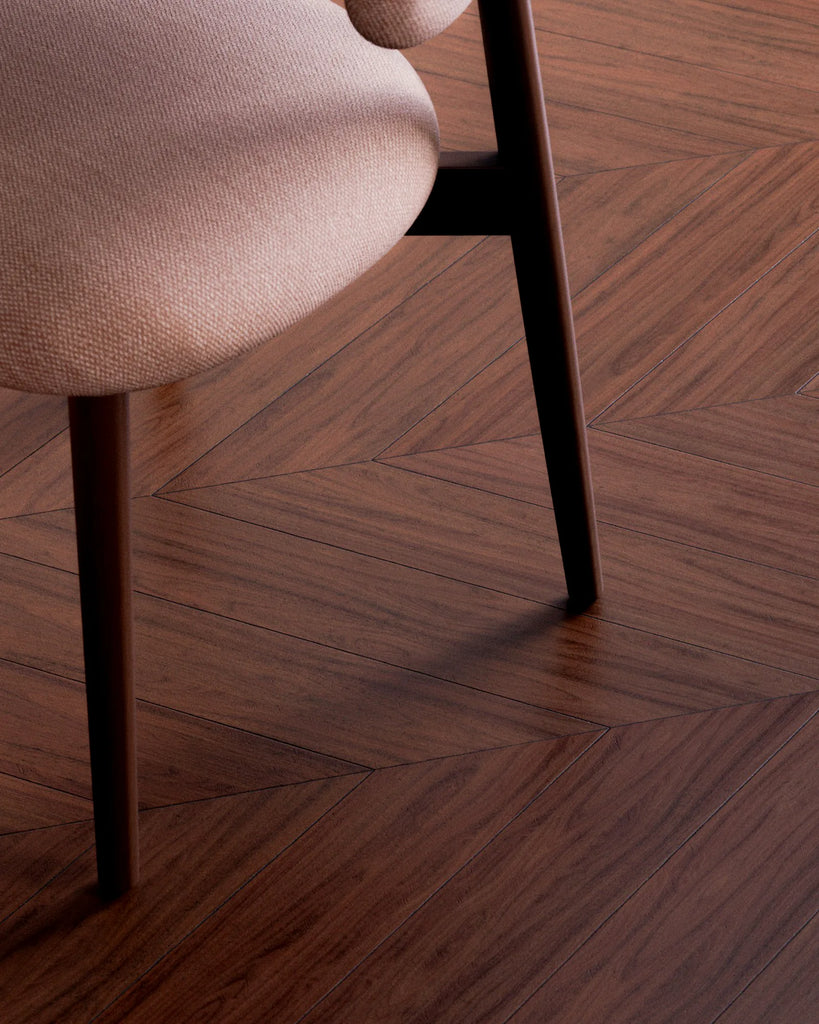Red Mahogany Chevron Wood Floor PBR Texture - Example Scene Visualization | Superellipse