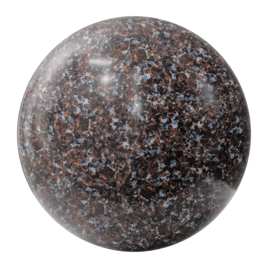Dakota Mahogany Polished Granite Slab PBR Texture - Sphere Swatch Preview | Superellipse