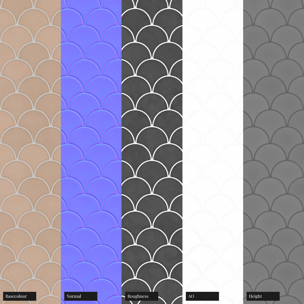 Shell Beige Scallop Ceramic Tile PBR Texture - Example Scene Visualization | Superellipse