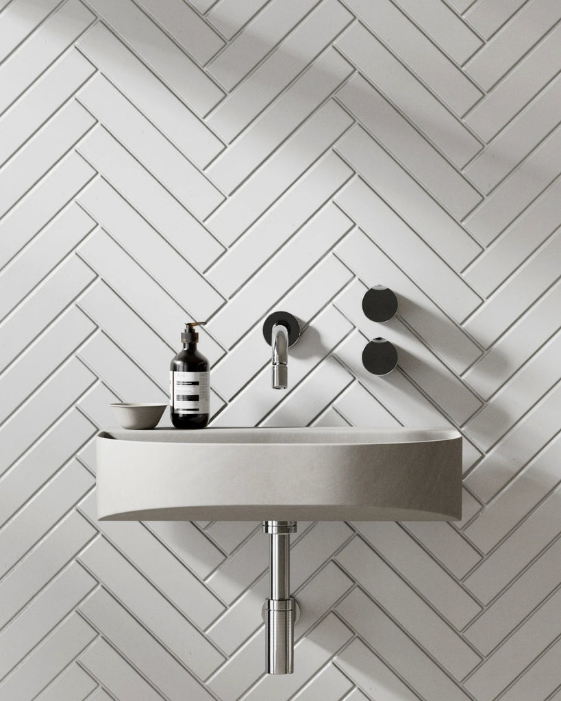 Herringbone Matte Cotton White Tile PBR Texture - Example Scene Visualization | Superellipse