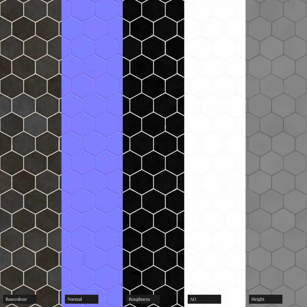 Zellige Dark Slate Hex Tile PBR Texture - Example Scene Visualization | Superellipse