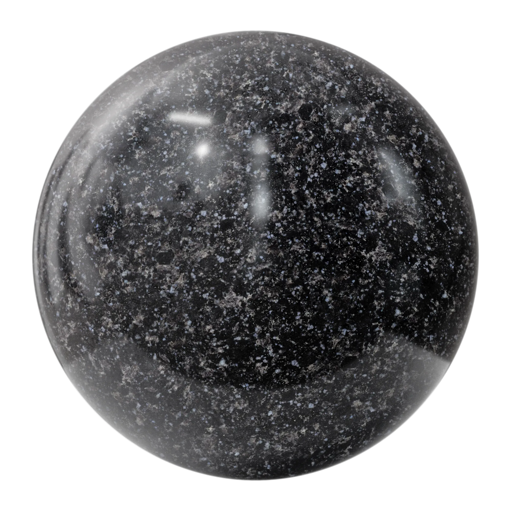 Rajasthan Black Polished Granite Slab PBR Texture - Sphere Swatch Preview | Superellipse