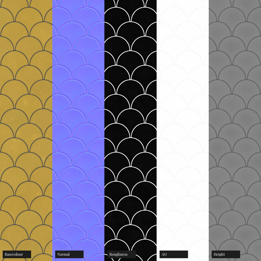 Canary Yellow Scallop Ceramic Tile PBR Texture - Example Scene Visualization | Superellipse