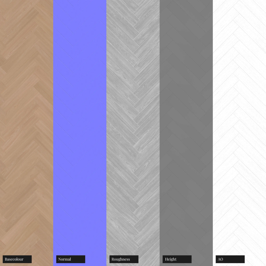 Beech Herringbone Parquet Wood Floor PBR Texture - Example Scene Visualization | Superellipse