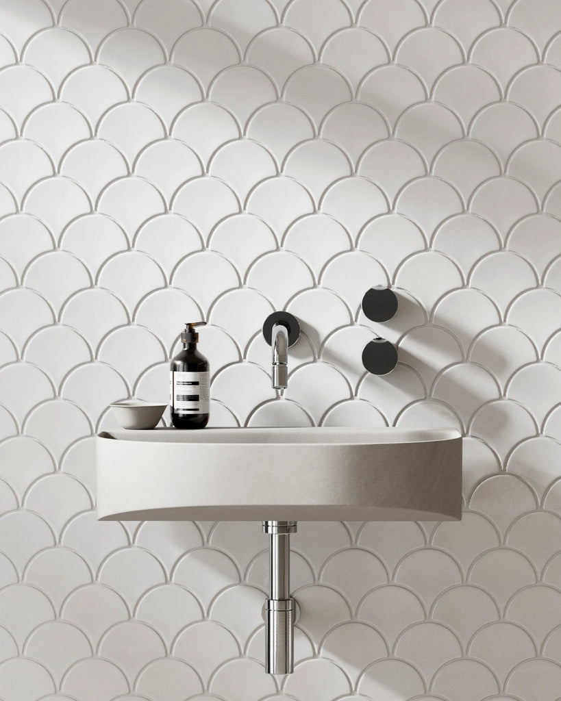 Linen White Scallop Porcelain Tile PBR Texture - Example Scene Visualization | Superellipse