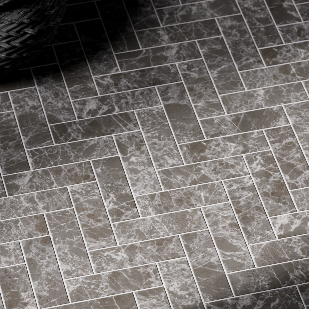 Ash Grey Herringbone Marble Tiles PBR Texture - Example Scene Visualization | Superellipse