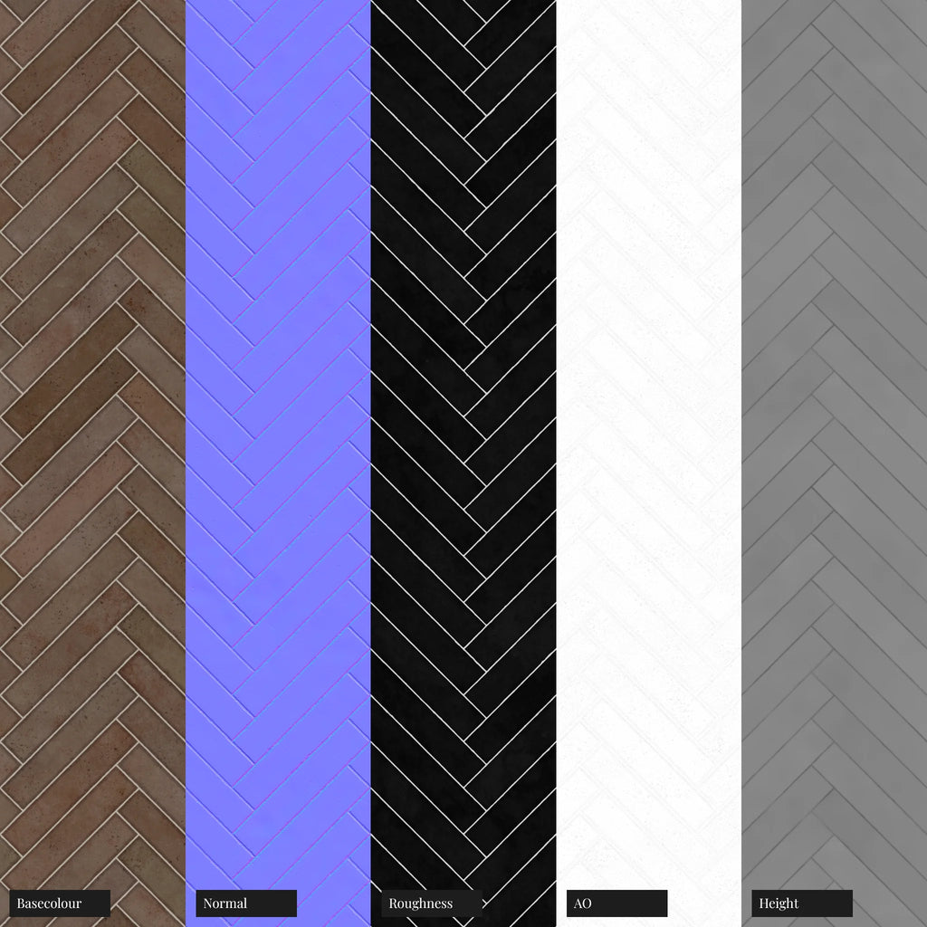 Zellige Mocha Herringbone Tile PBR Texture - Example Scene Visualization | Superellipse