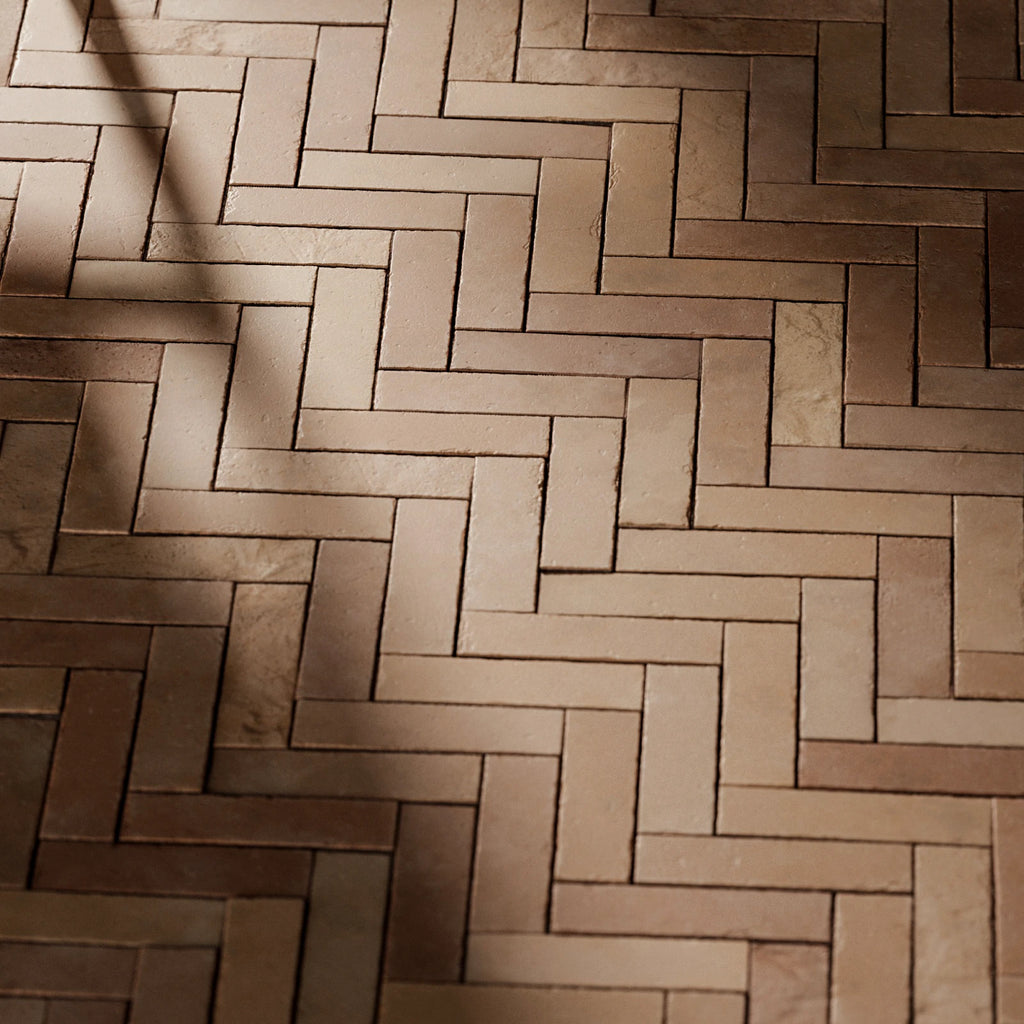Terracotta Muted Mixed Clay Dusted Herringbone Tiles PBR Texture - Example Scene Visualization | Superellipse