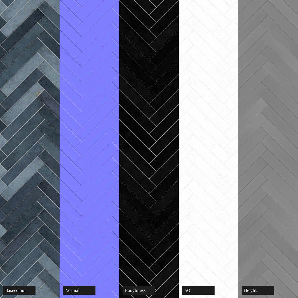 Hoxton Deep Blue Herringbone Tile PBR Texture - Example Scene Visualization | Superellipse