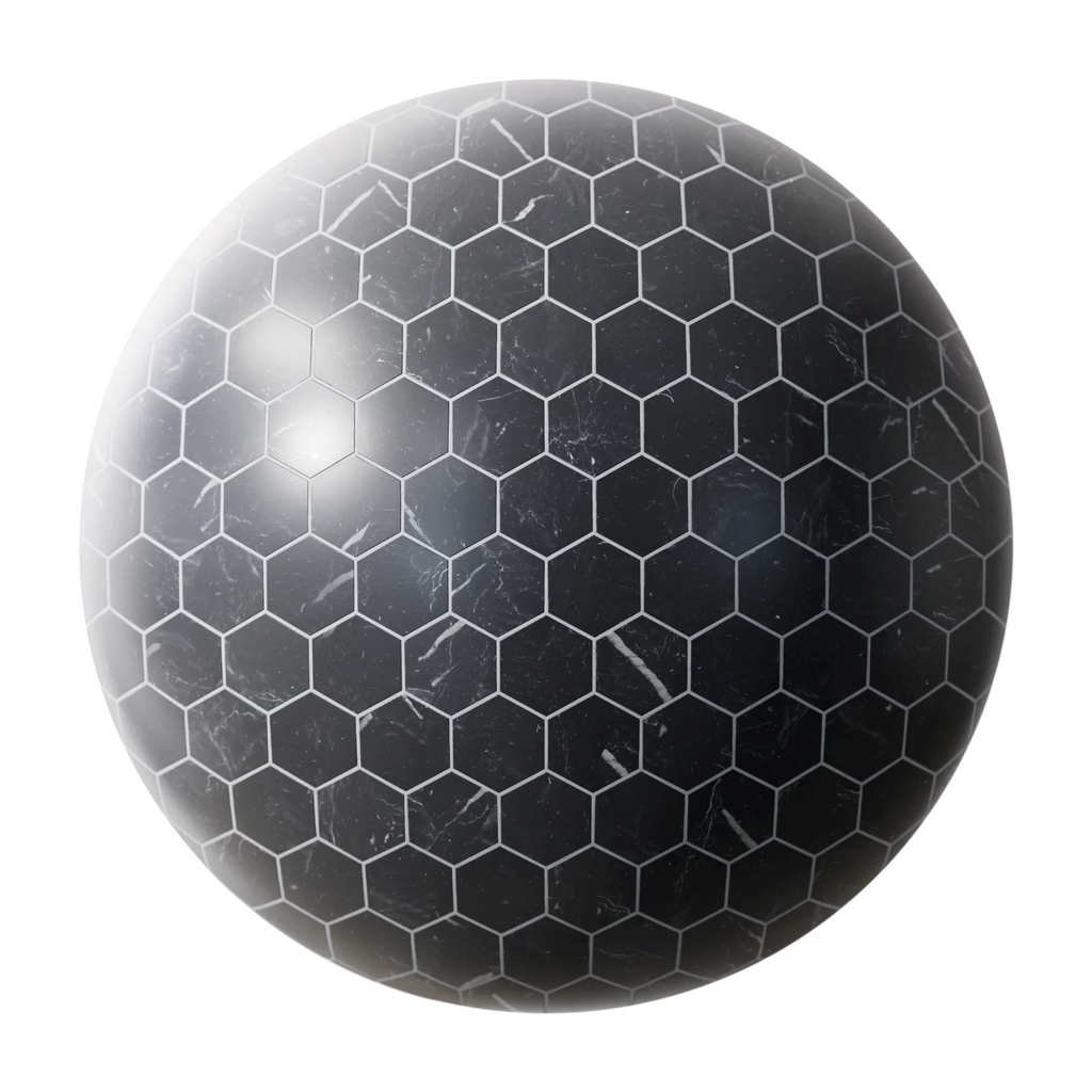 Nero Marquina Hex Honed Marble Tile PBR Texture - Sphere Swatch Preview | Superellipse