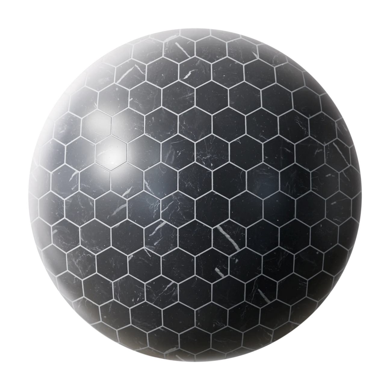 Nero Marquina Hex Honed Marble Tile PBR Texture - Sphere Swatch Preview | Superellipse
