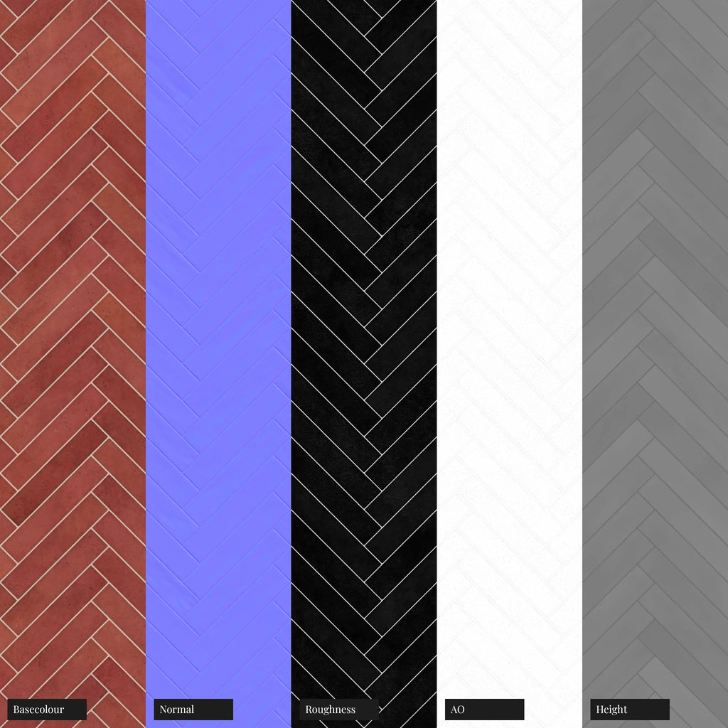 Hoxton Fire Red Herringbone Tile PBR Texture - Example Scene Visualization | Superellipse