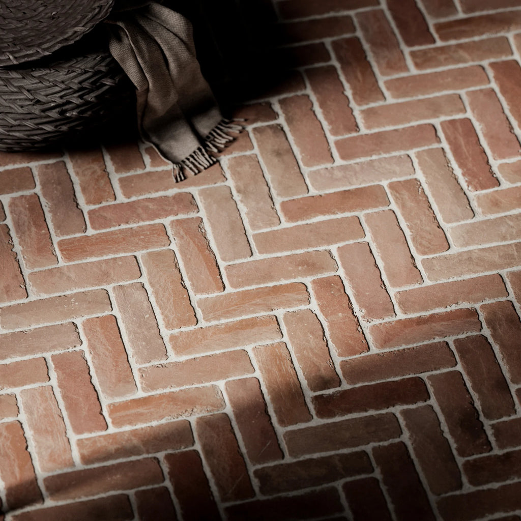 Terracotta Traditional Rustic Herringbone Tiles PBR Texture - Example Scene Visualization | Superellipse