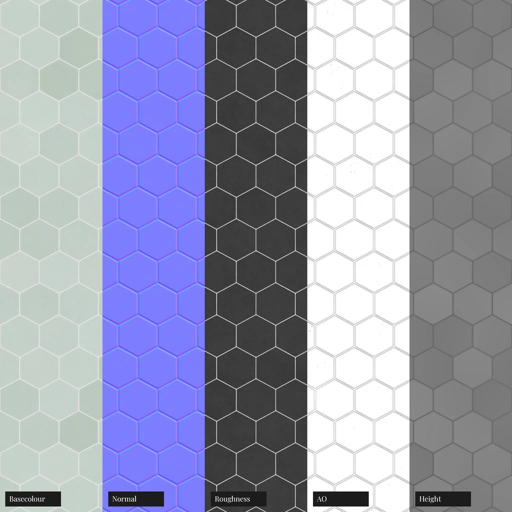 Hexagonal Matte Summer Teal Tile PBR Texture - Example Scene Visualization | Superellipse