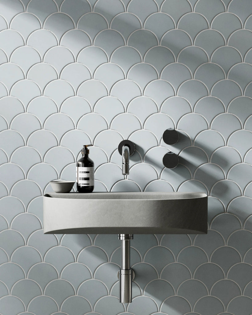 Powder Blue Scallop Ceramic Tile PBR Texture - Example Scene Visualization | Superellipse