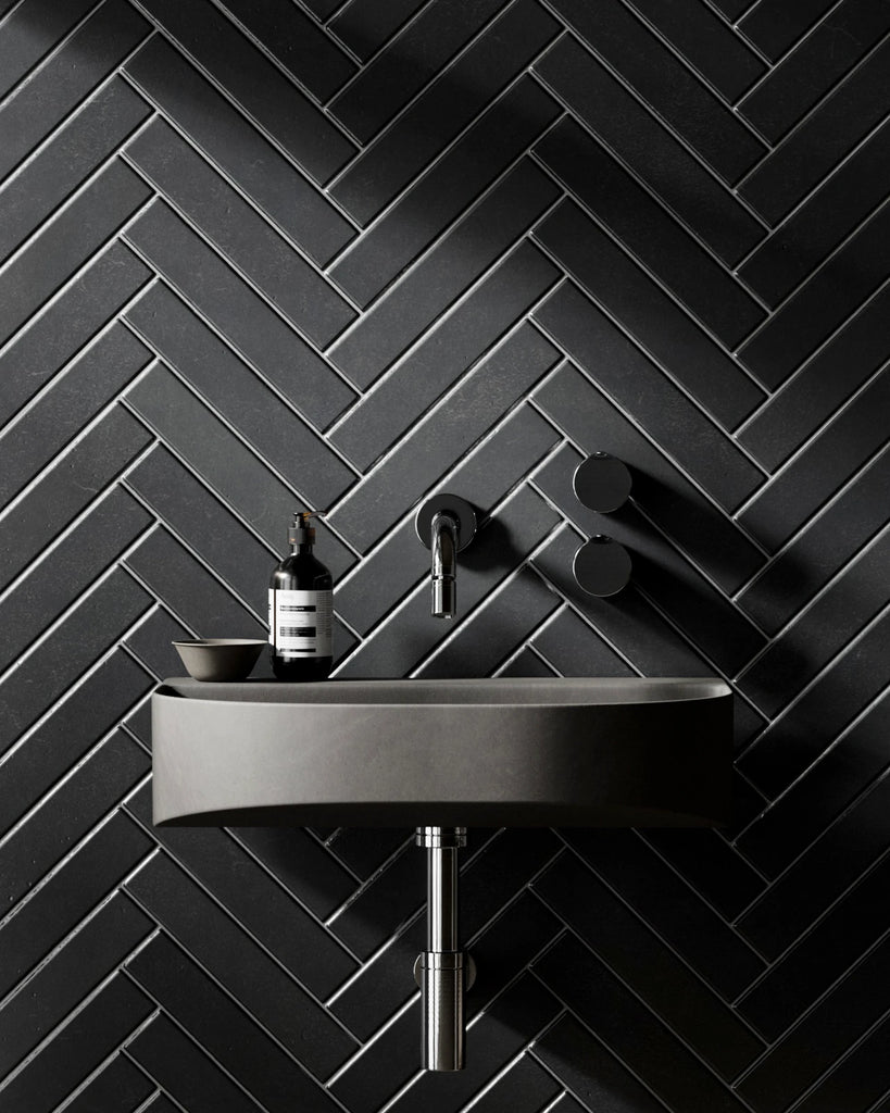 Herringbone Matte Graphite Tile PBR Texture - Example Scene Visualization | Superellipse