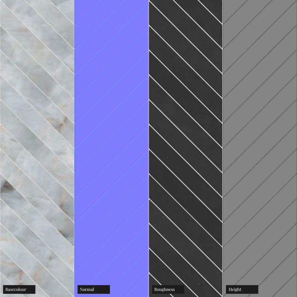 White Onyx Polished Chevron Tiles PBR Texture - Example Scene Visualization | Superellipse