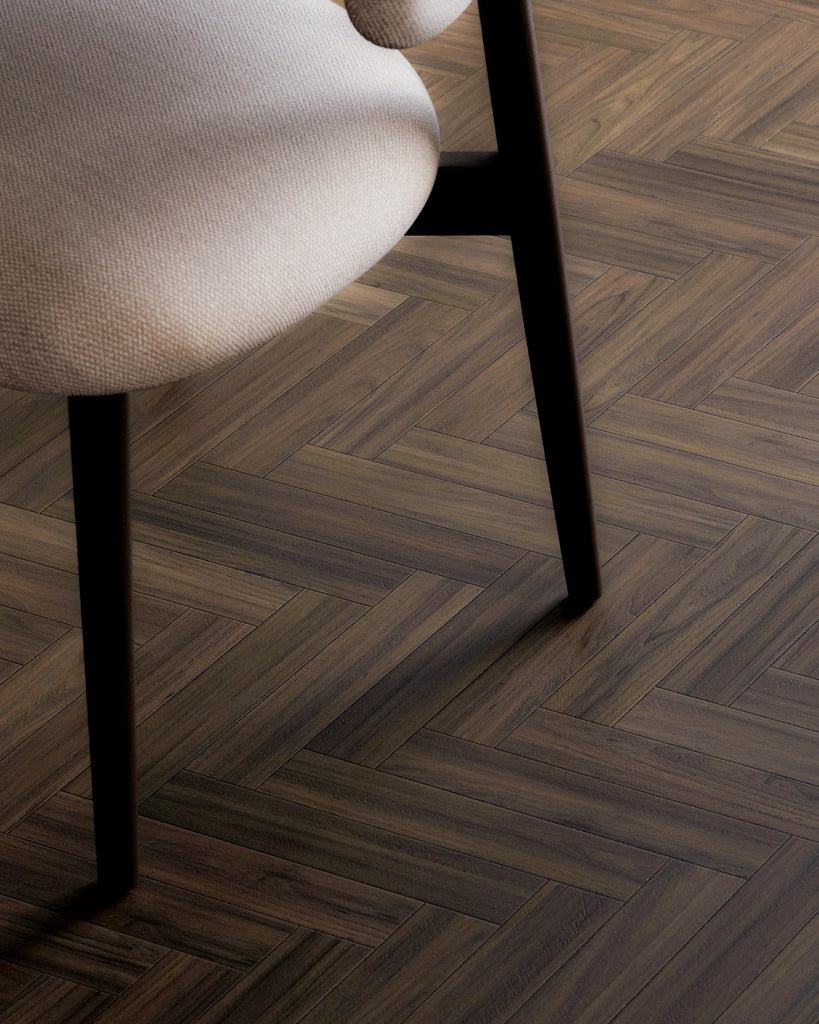 Smokey Walnut Herringbone Parquet Wood Floor PBR Texture - Example Scene Visualization | Superellipse