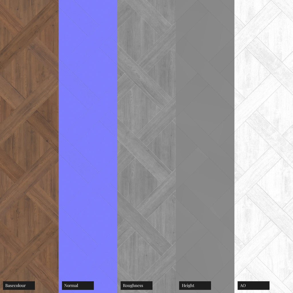 English Chestnut Oak Basketweave Wood Floor PBR Texture - Example Scene Visualization | Superellipse