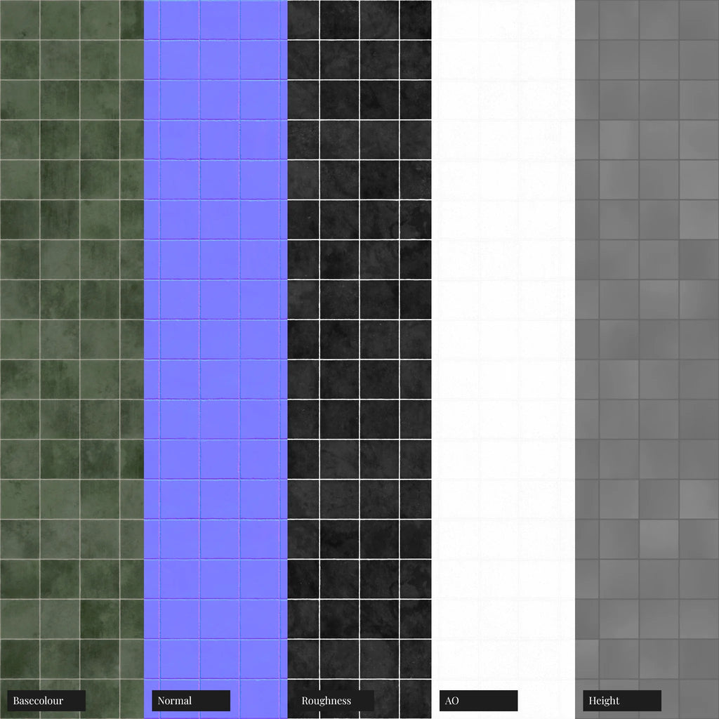 Zellige Avocado Square Ceramic Tile PBR Texture - Example Scene Visualization | Superellipse