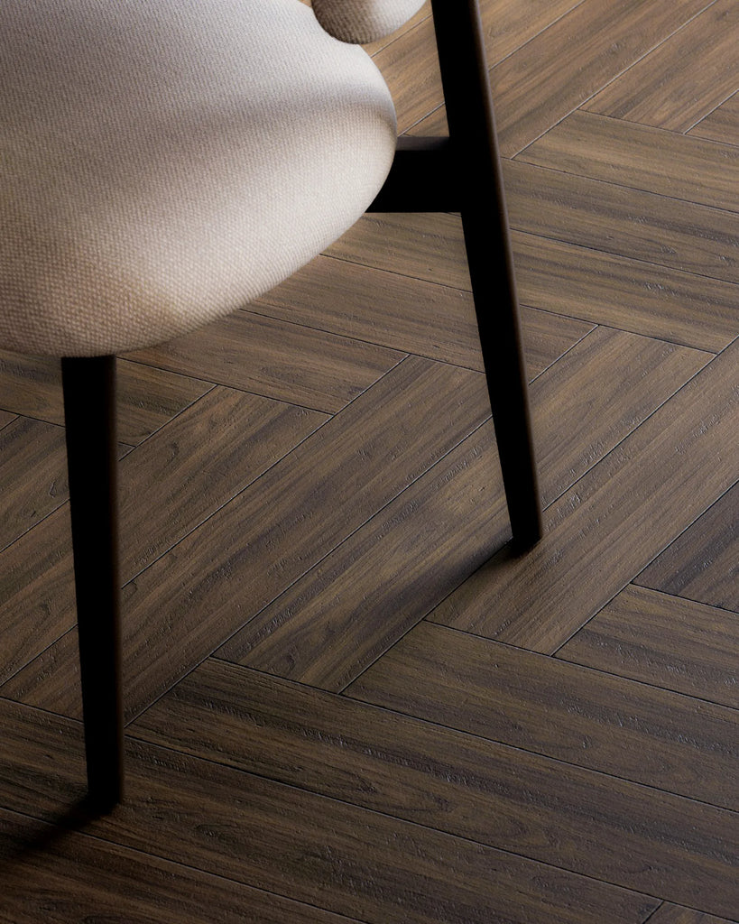 Smokey Walnut Herringbone Wood Floor PBR Texture - Example Scene Visualization | Superellipse