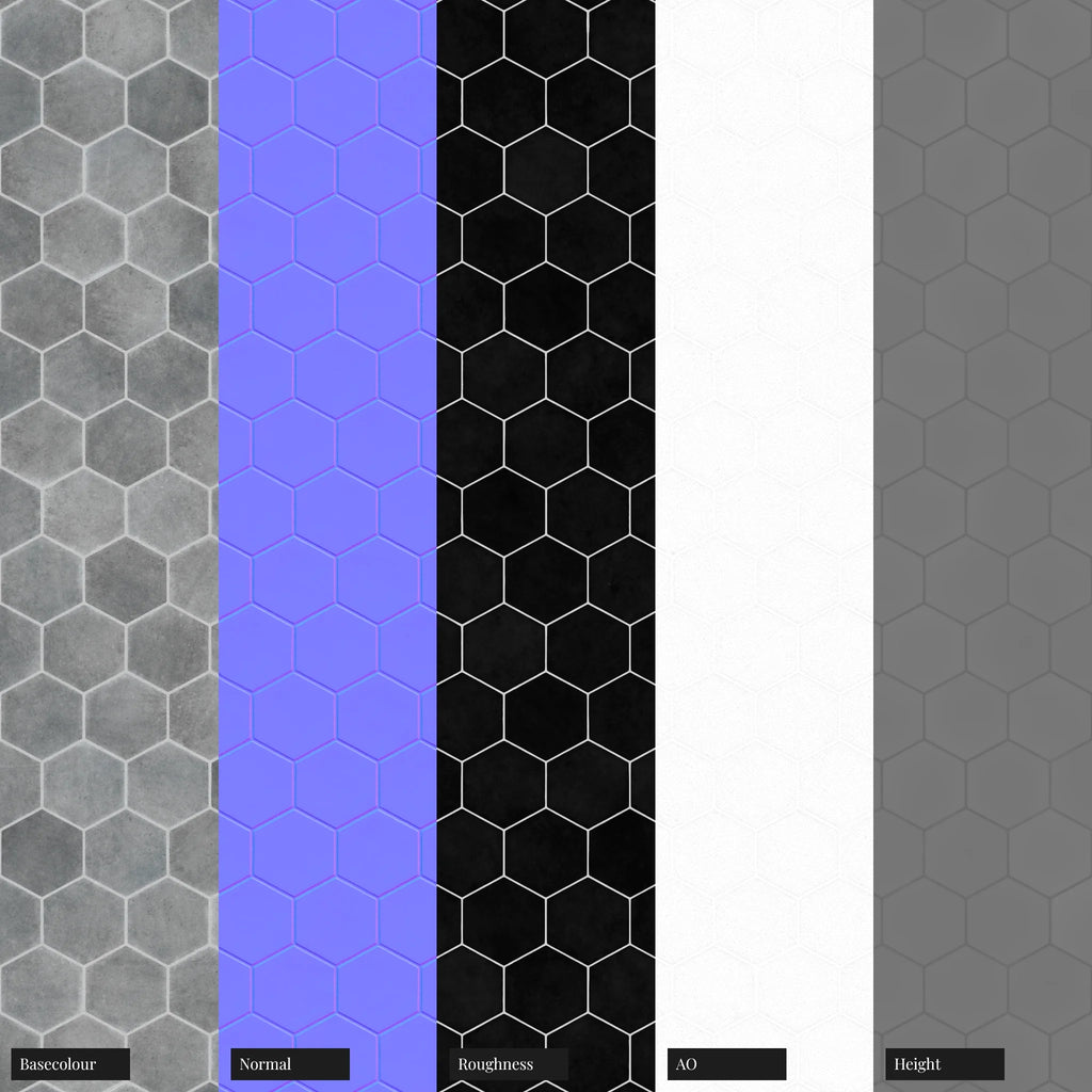 Hoxton Arctic Grey Hex Tile PBR Texture - Example Scene Visualization | Superellipse