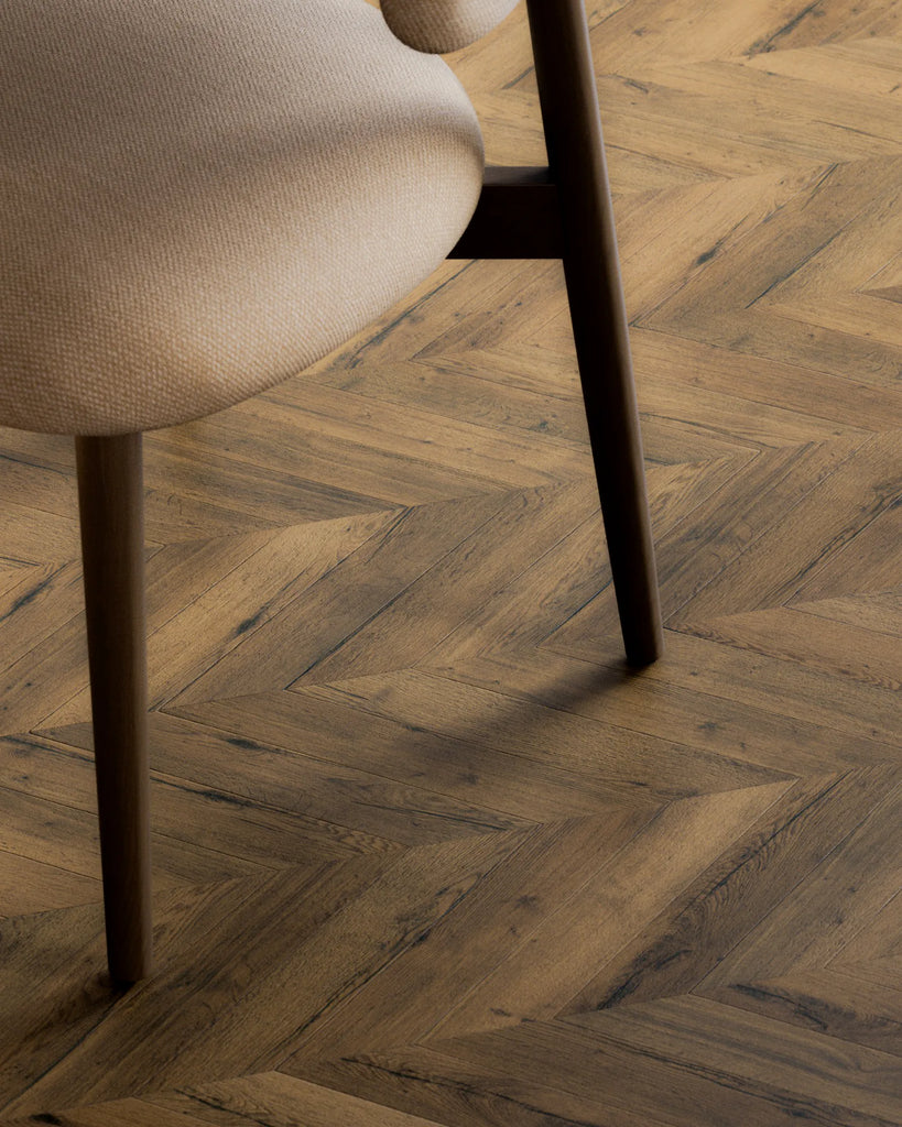 Rustic Oak Wood Chevron Parquet Floor PBR Texture - Example Scene Visualization | Superellipse