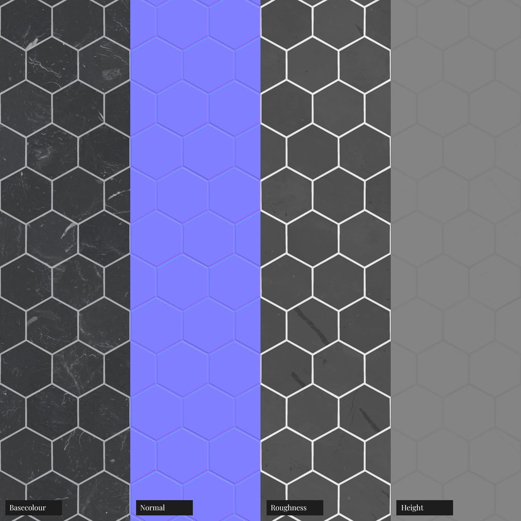 Nero Marquina Hex Honed Marble Tile PBR Texture - Example Scene Visualization | Superellipse