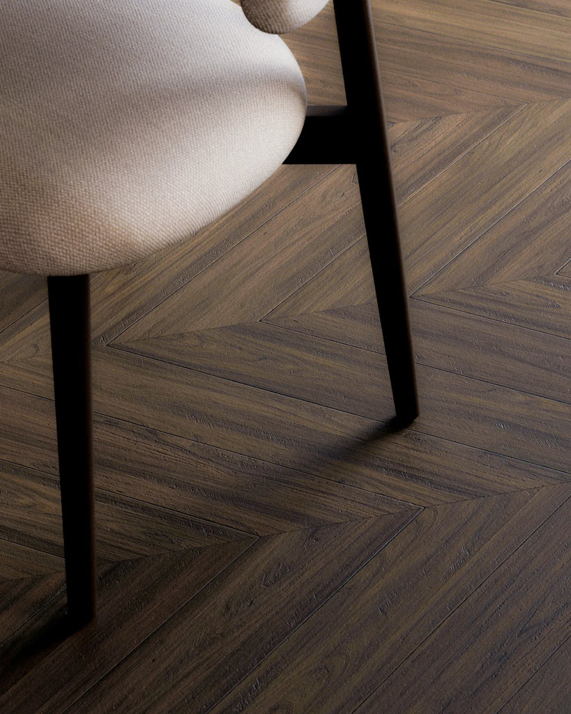 Smokey Walnut Chevron Wood Floor PBR Texture - Example Scene Visualization | Superellipse