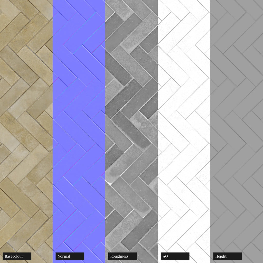 Terracotta Low Fired Clay Herringbone Brick Tiles PBR Texture - Example Scene Visualization | Superellipse