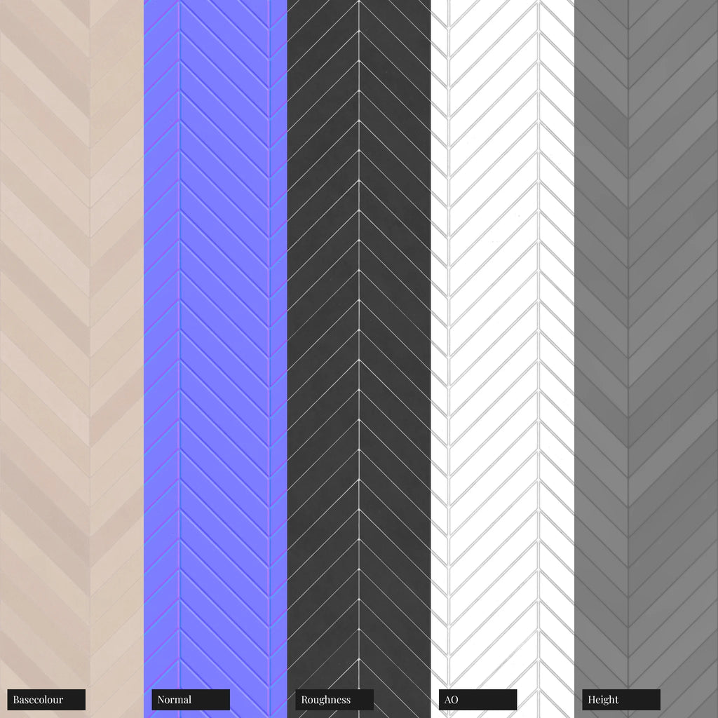 Chevron Matte Soft Beige Tile PBR Texture - Example Scene Visualization | Superellipse