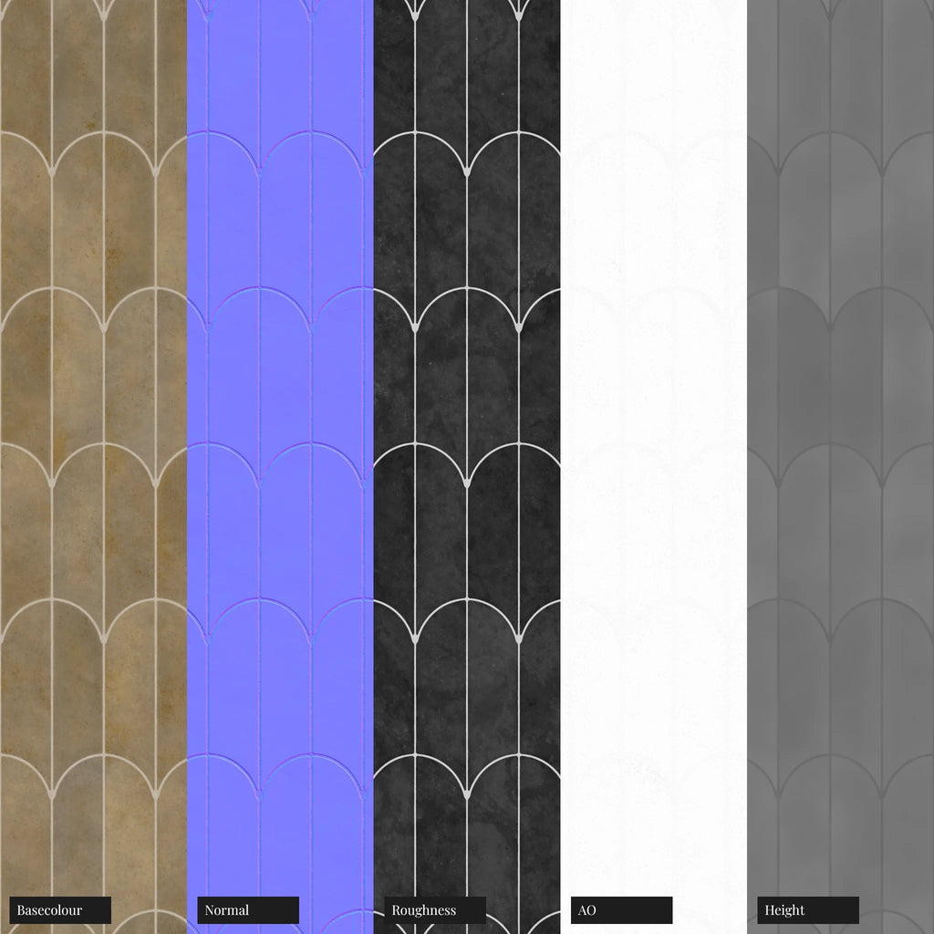 Zellige Sandstone Elongated Fan Tile PBR Texture - Example Scene Visualization | Superellipse