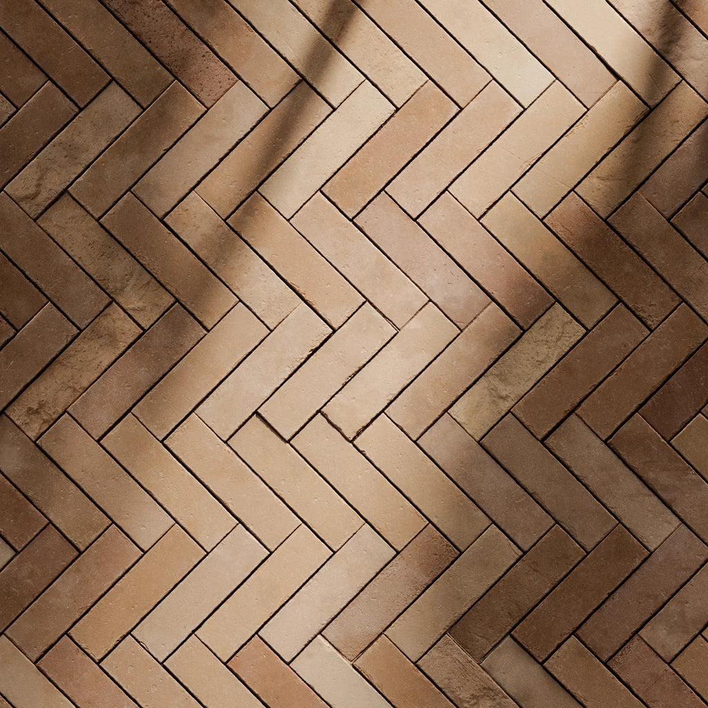 Terracotta Muted Mixed Clay Dusted Herringbone Tiles PBR Texture - Example Scene Visualization | Superellipse