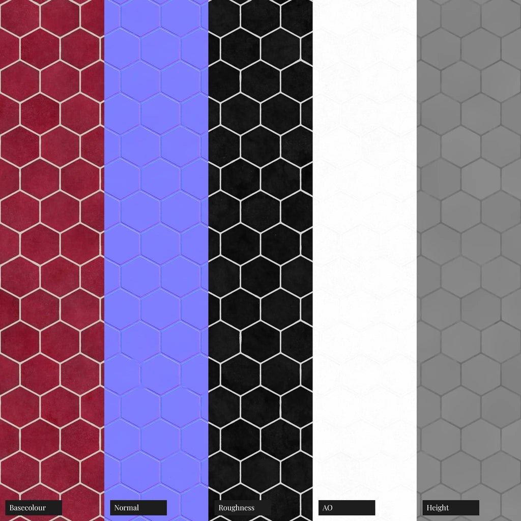 Zellige Mulberry Hex Tile PBR Texture - Example Scene Visualization | Superellipse